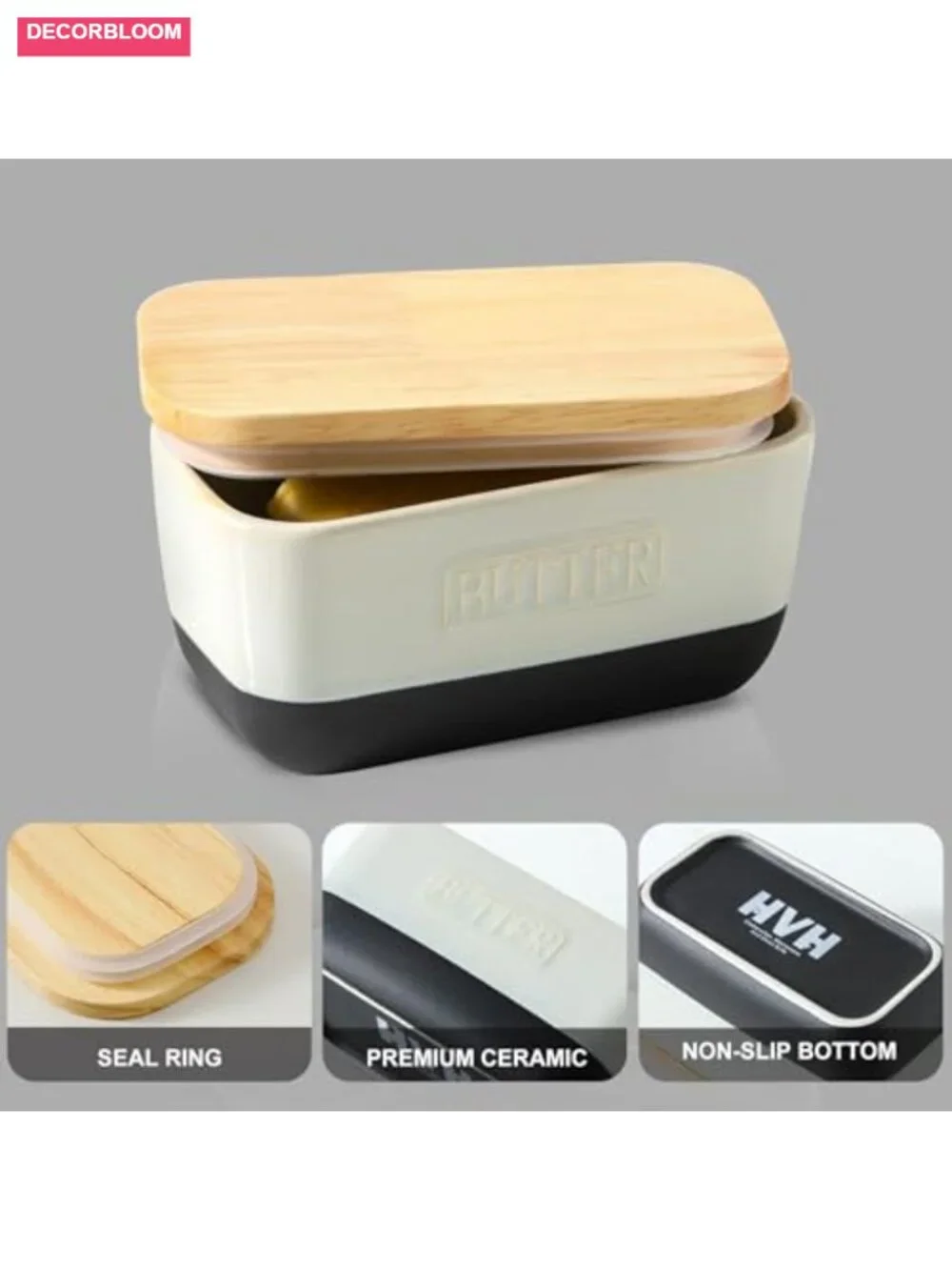 Ceramic Butter Dish with Wooden Lid Airtight Keeper Farmhouse